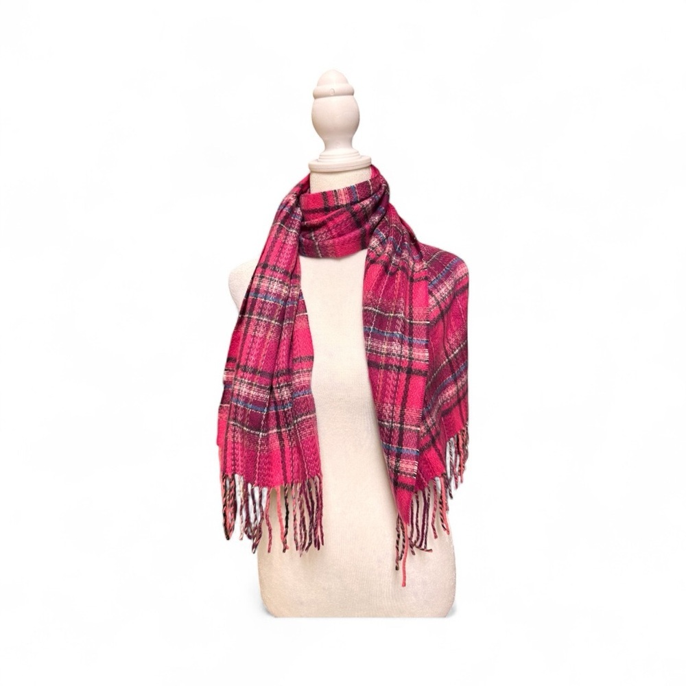 V. Fraas Cashmink Plaid Scarf Pink Black Fringe Made in Germany Soft Acrylic